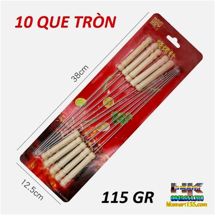 Set 10 que xiên nướng inox 30cm Tròn cán gỗ