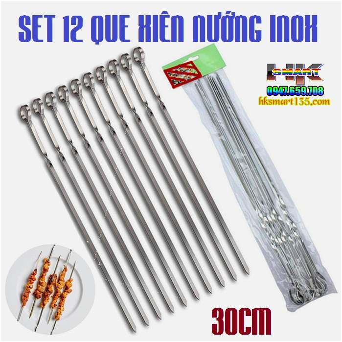 Set 12 que xiên nướng inox 30cm dẹt cán móc