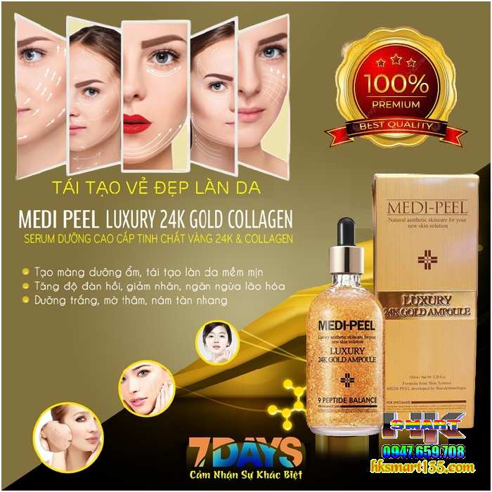 Serum Medi Peel Luxury 24k Gold Ampoule 30ml, tinh chất làm trắng da, giúp da căng bóng, ngăn ngừa lão hoá