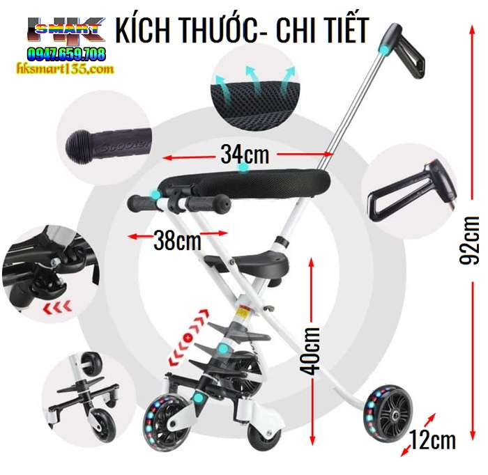 Xe đẩy 5 bánh gấp gọn thông minh cho bé