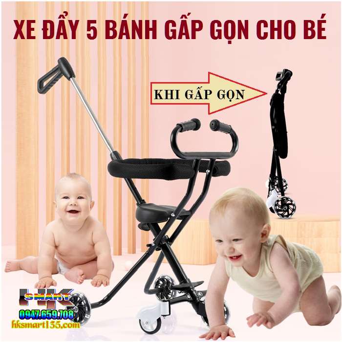 Xe đẩy 5 bánh gấp gọn thông minh cho bé