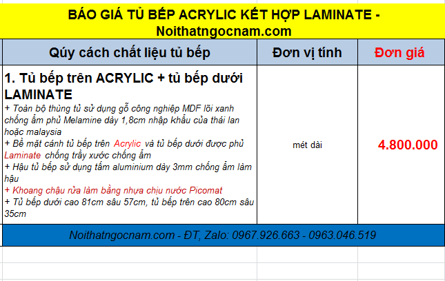 Báo giá tủ bếp gỗ công nghiệp Acrylic kết hợp laminate