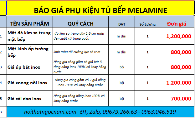 Báo giá phụ kiện inox tủ bếp Melamine giá rẻ