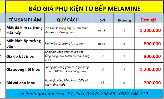 Báo giá phụ kiện inox tủ bếp Melamine giá rẻ