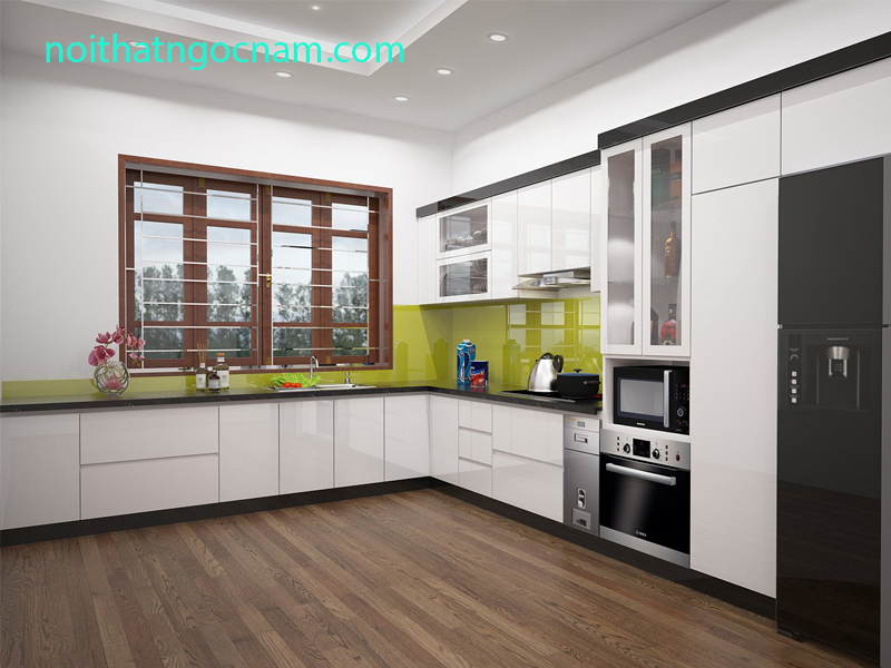 Mẫu tủ bêp nhựa Acrylic màu trắng được thiết kế hiện đại, trẻ trung