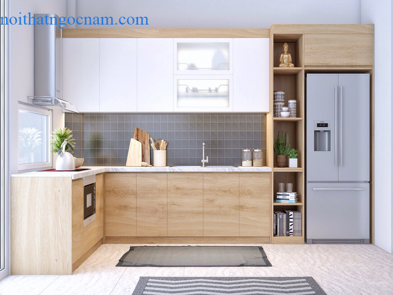 Hình ảnh 3D mẫu tủ bếp Melamine được kết hợp giữa màu vân gỗ và màu trắng