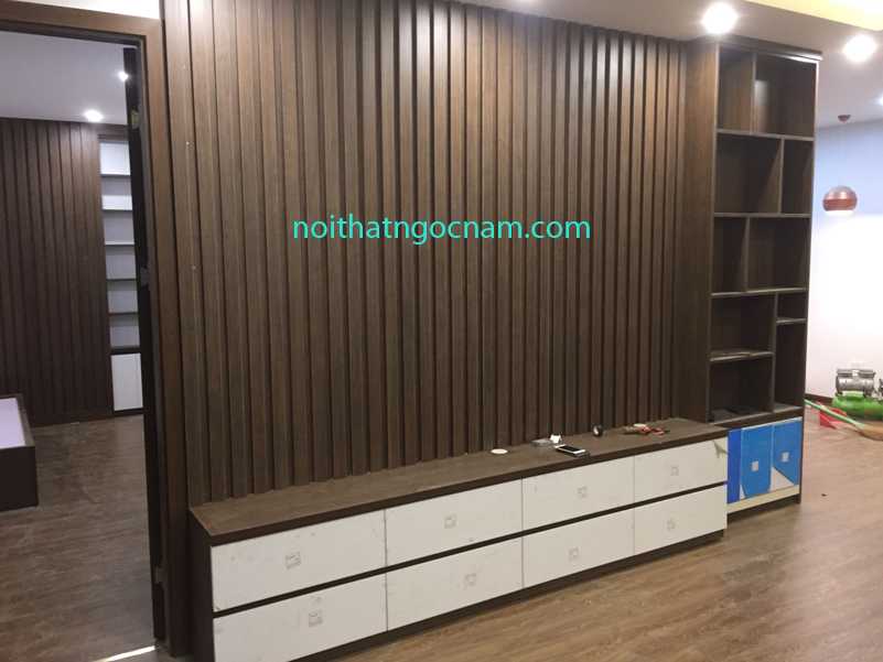 Kệ ti vi + vách trang trí melamine