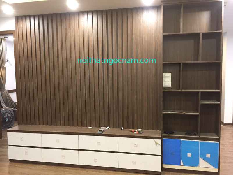 Kệ ti vi + vách trang trí melamine