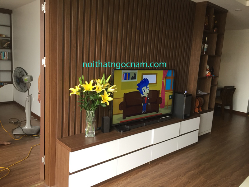 Kệ ti vi + vách trang trí melamine