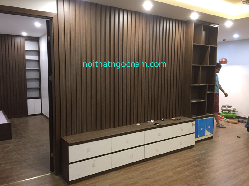 Kệ ti vi + vách trang trí melamine