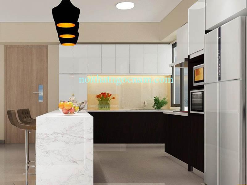Mẫu tủ bếp nhựa Acrylic bóng giương An Cường với bàn đảo được tận dụng như bàn ăn hiện đại