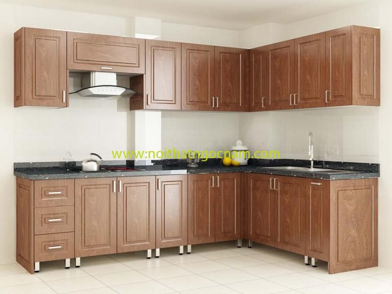 Mẫu thiết kế tủ bếp inox gỗ Xoan đào tự nhiên đẹp hình chữ L