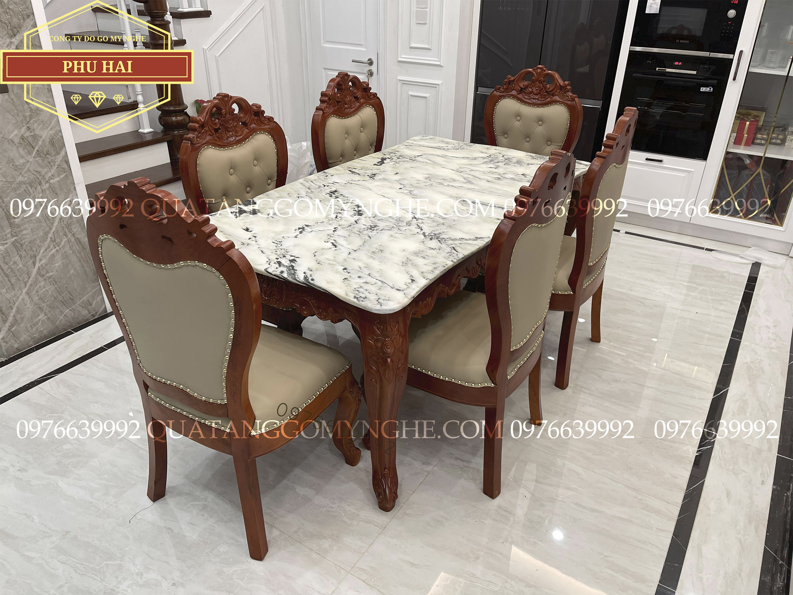 Bộ bàn ghế ăn mặt đá 6 ghế bọc da đẹp Bộ bàn ghế ăn mặt đá 6 ghế bọc da đẹp