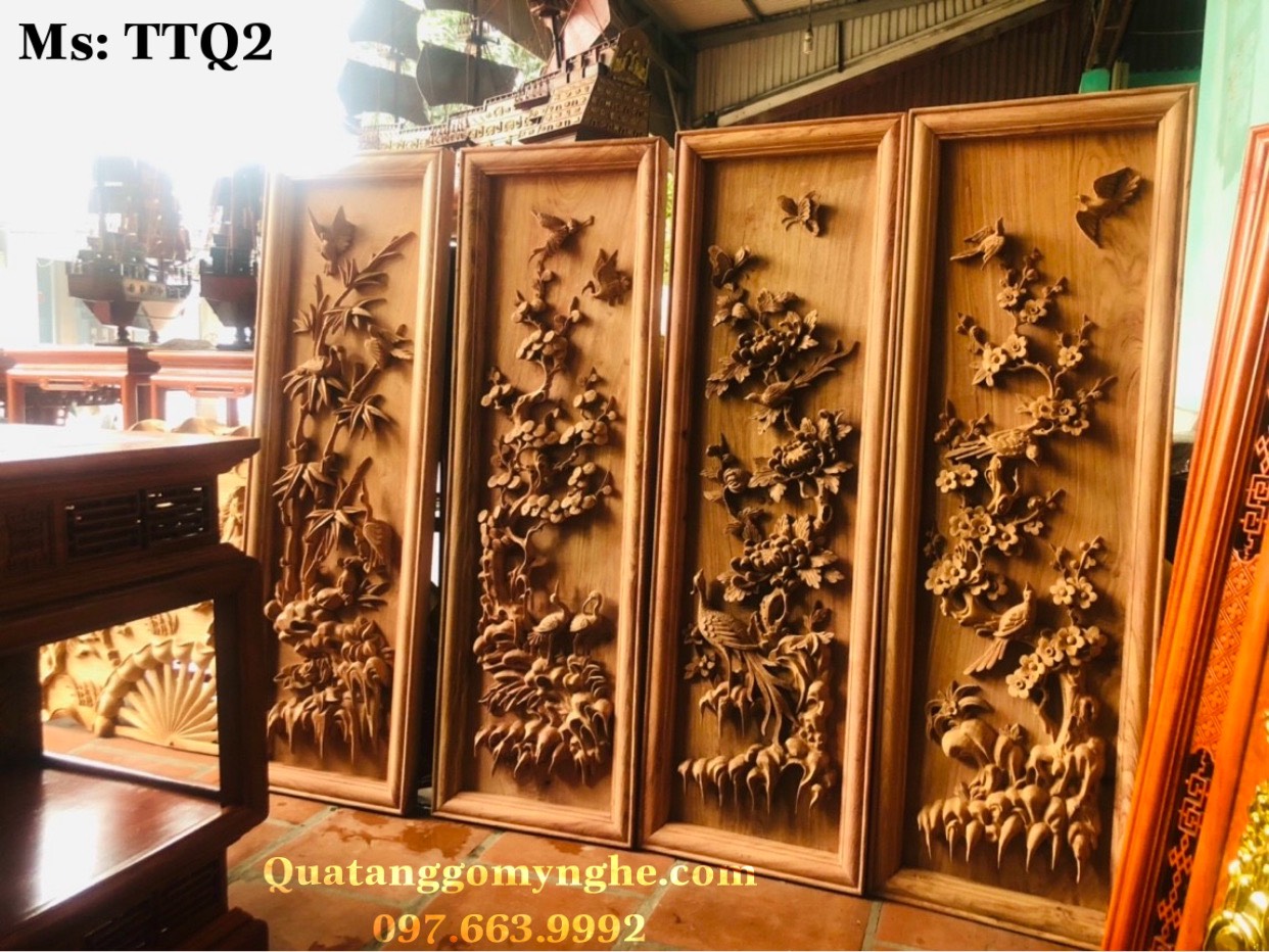 Tranh Tứ Quý Gỗ Hương Tùng Cúc Trúc Mai