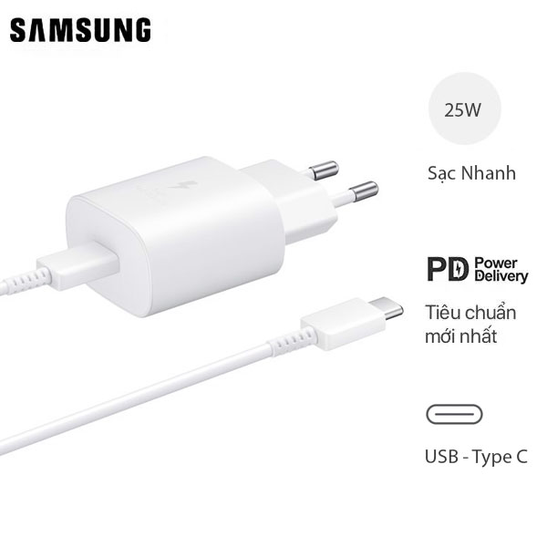 Bộ Sạc Nhanh Samsung 25W Cáp C-to-C 1M Bản Fullbox  - Chính Hãng - Trắng