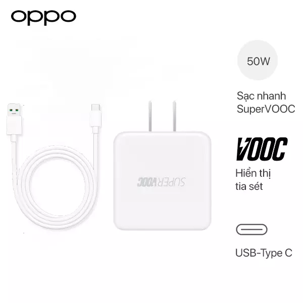 Bộ Sạc Nhanh Super VOOC 50W Oppo -  Cáp Type C (Lõi Vàng) - Chính Hãng