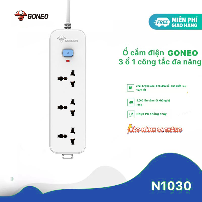 Ổ Cắm Điện Chống Cháy GONEO 3 Ổ Đa Năng 1 Công Tắc 2500W – N1030 - Chính Hãng