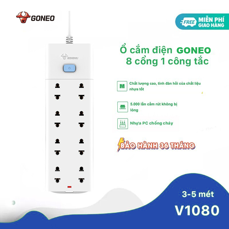 Ổ Cắm Điện Chống Cháy GONEO Đa Năng 8 Ổ 1 Công Tắc – Công Suất 10A/250/2500W – Trắng – Chính Hãng (V1080)