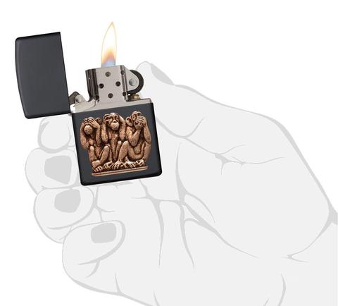 Zippo Three Monkeys Black Matte ốp nổi 3 chú khỉ thông thái