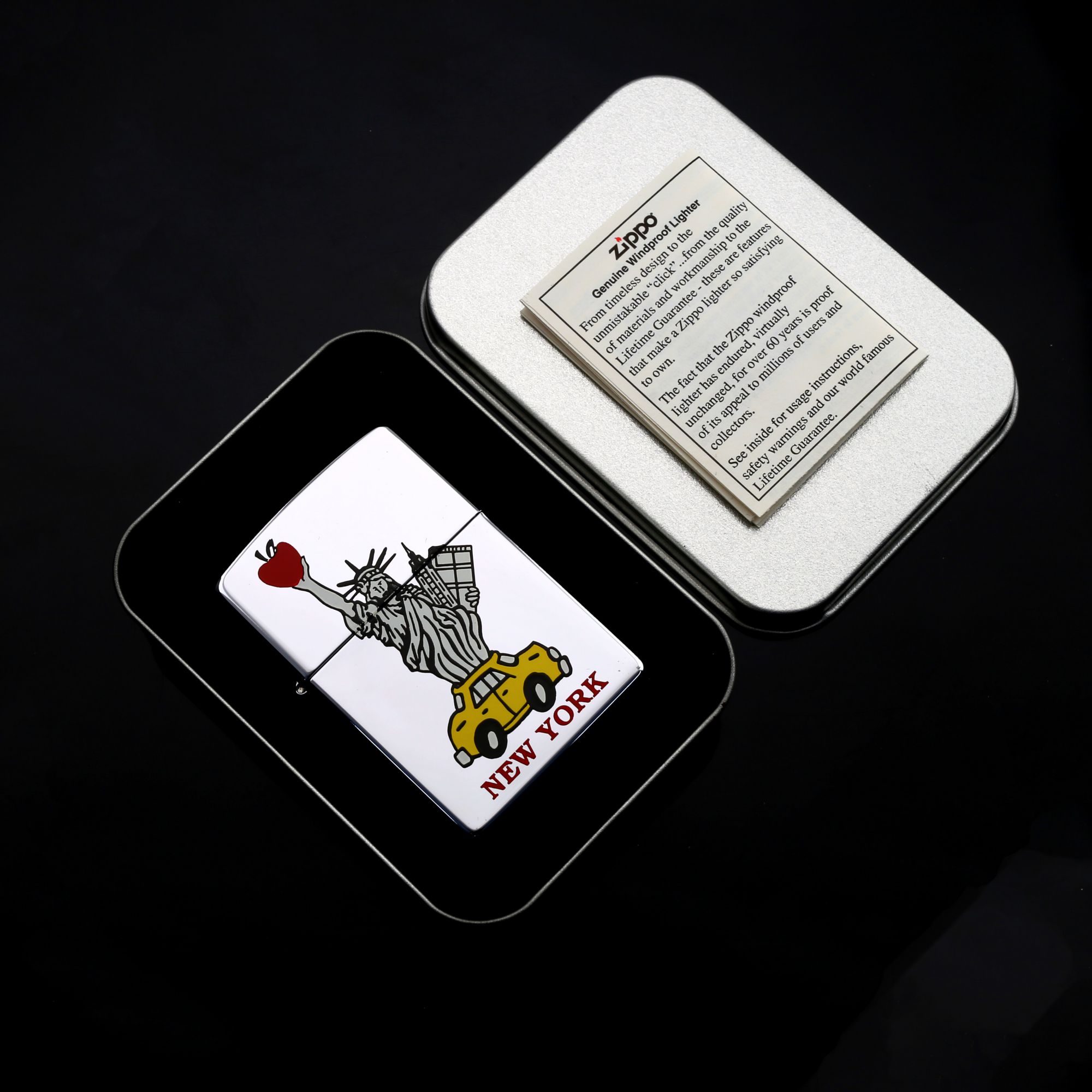 Zippo-LIBERY-CAR-NEW-YORK-PAINT-XII-1996-nu-than-tu-do-trai-tao-xe-vang-yellow-car-red-apple-moi-100%
