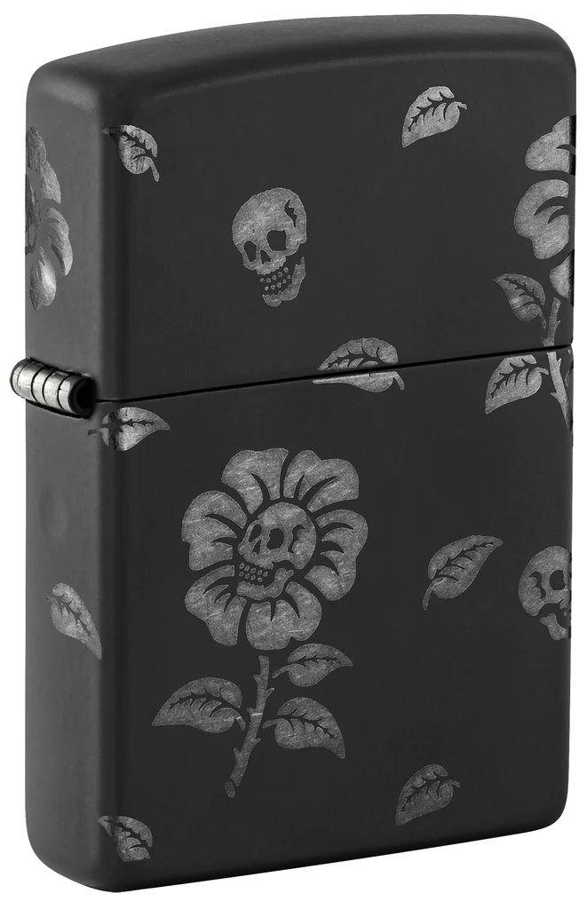 bat-lua-zippo-48931-flower-skulls-design-laser-360-black-matte-with-chrome