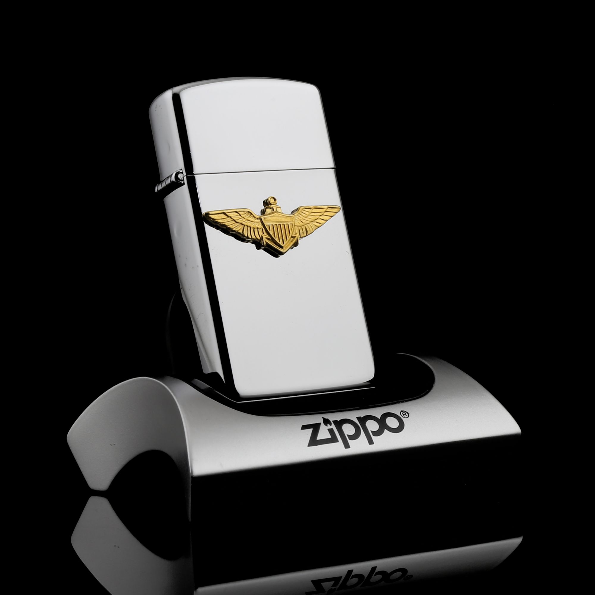 Zippo-WING-SHIELD-EMBLE-GOLD-HIGH-POLISH-SLIM-LIMITED-EDITION-1991-op-noi-logo-vang