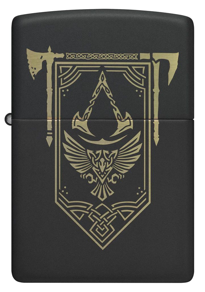 bat-lua-zippo-48669-assassin's-creed®-valhalla-engraved-black-matte-logo-son-tinh-dien-mau-den