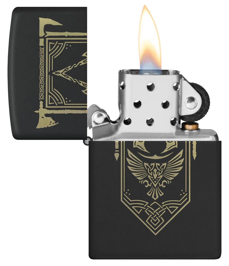 bat-lua-zippo-48669-assassin's-creed®-valhalla-engraved-black-matte-logo-zippo-mau-den-logo-game