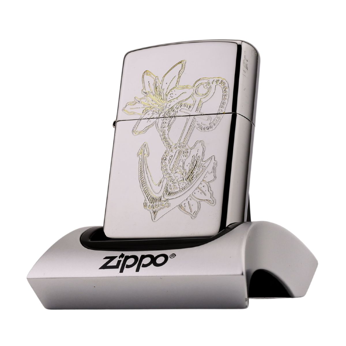 Zippo Phong Thủy Khắc Mỏ Neo Và Hoa Loa Kèn 