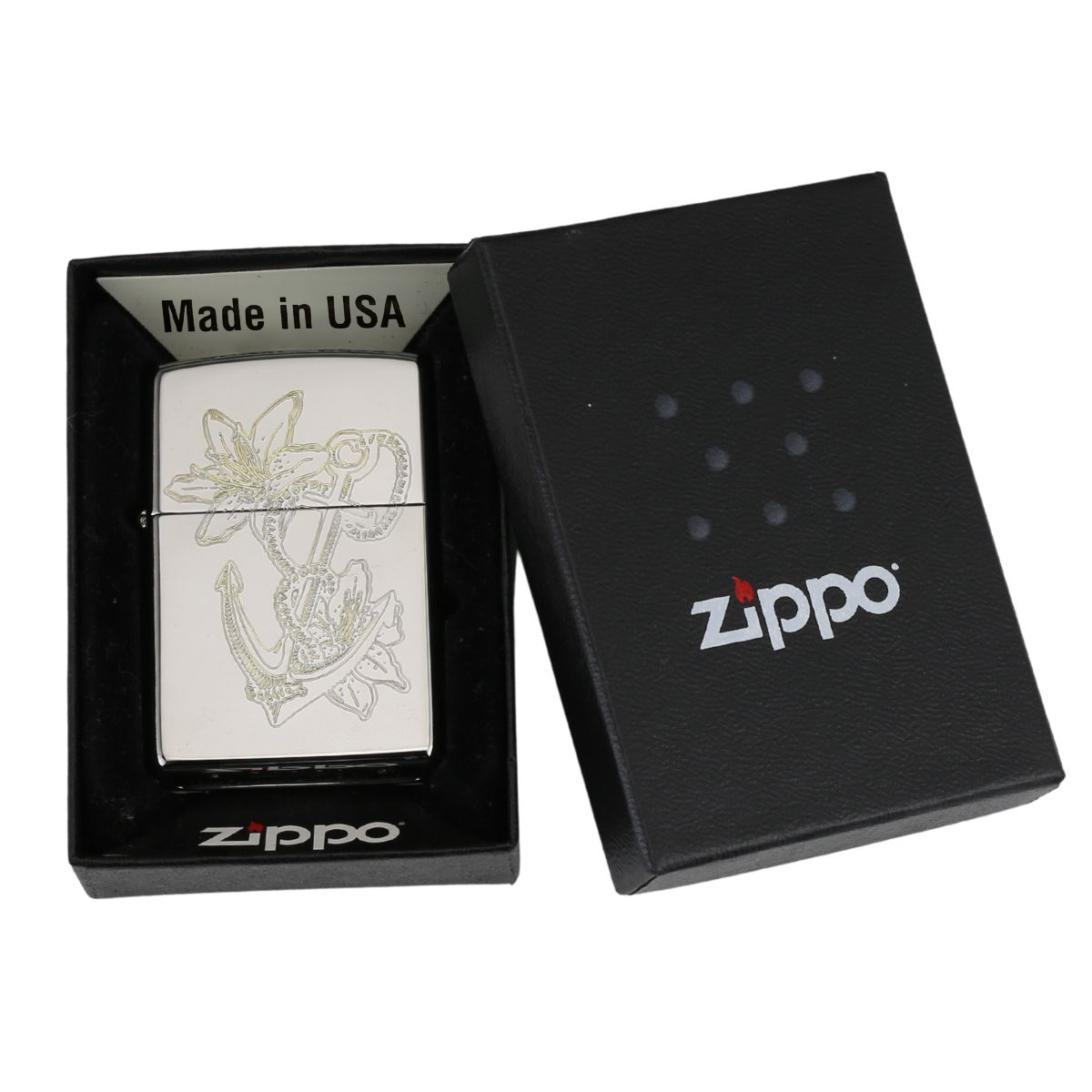 Zippo Phong Thủy Khắc Mỏ Neo Và Hoa Loa Kèn cao cấp