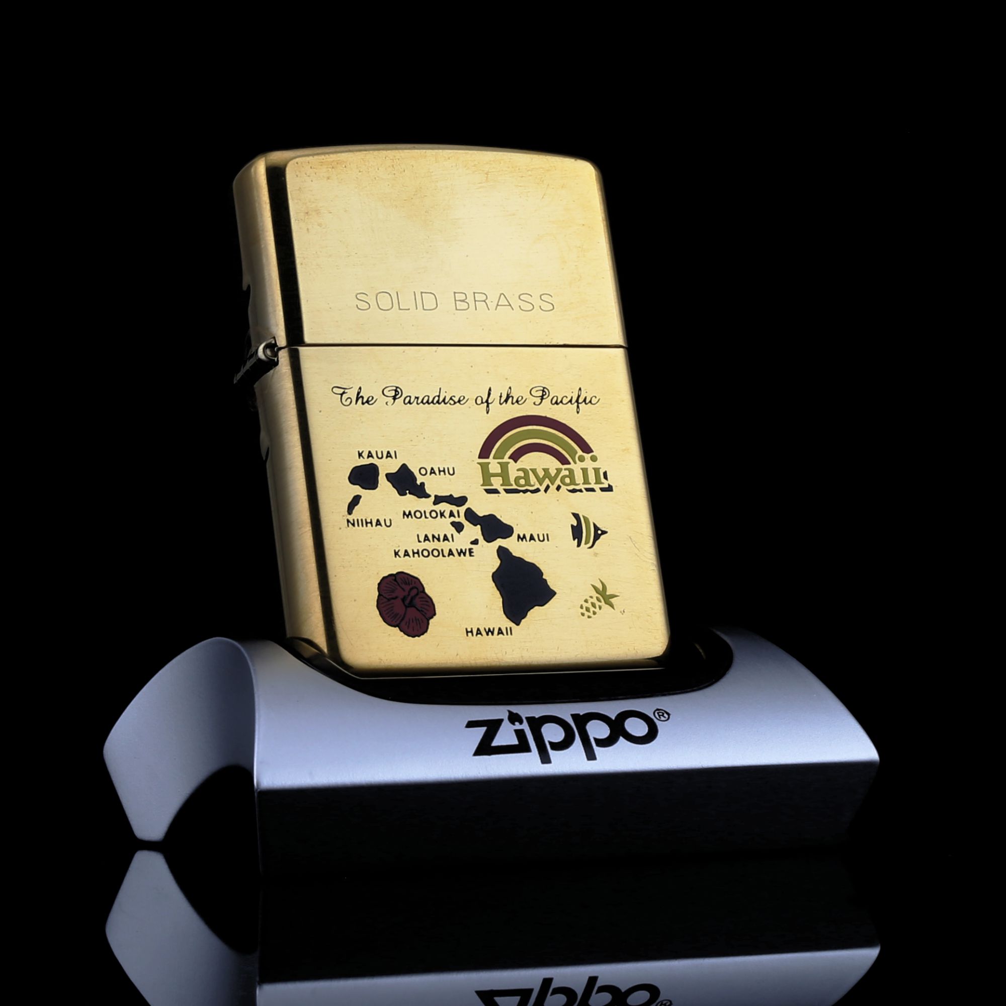 Zippo-SOLID-BRASS-THE-PARADISE-OF-THE-PACIFIC-HAWAII-A-XIII-1997-la-ma-co-quy