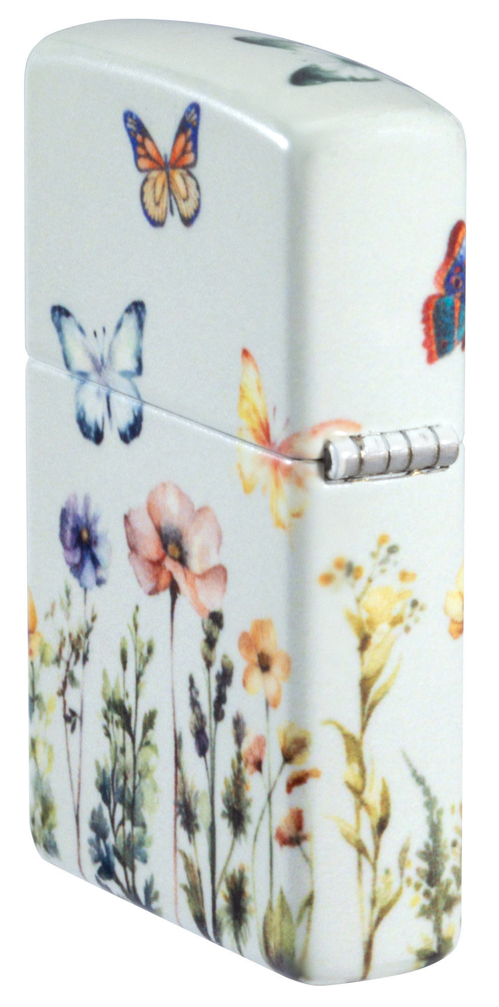 bat-lua-zippo-mau-trang-da-quang-phat-sang-trong-bong-toi-in-hinh-buom-buom-bong-hoa