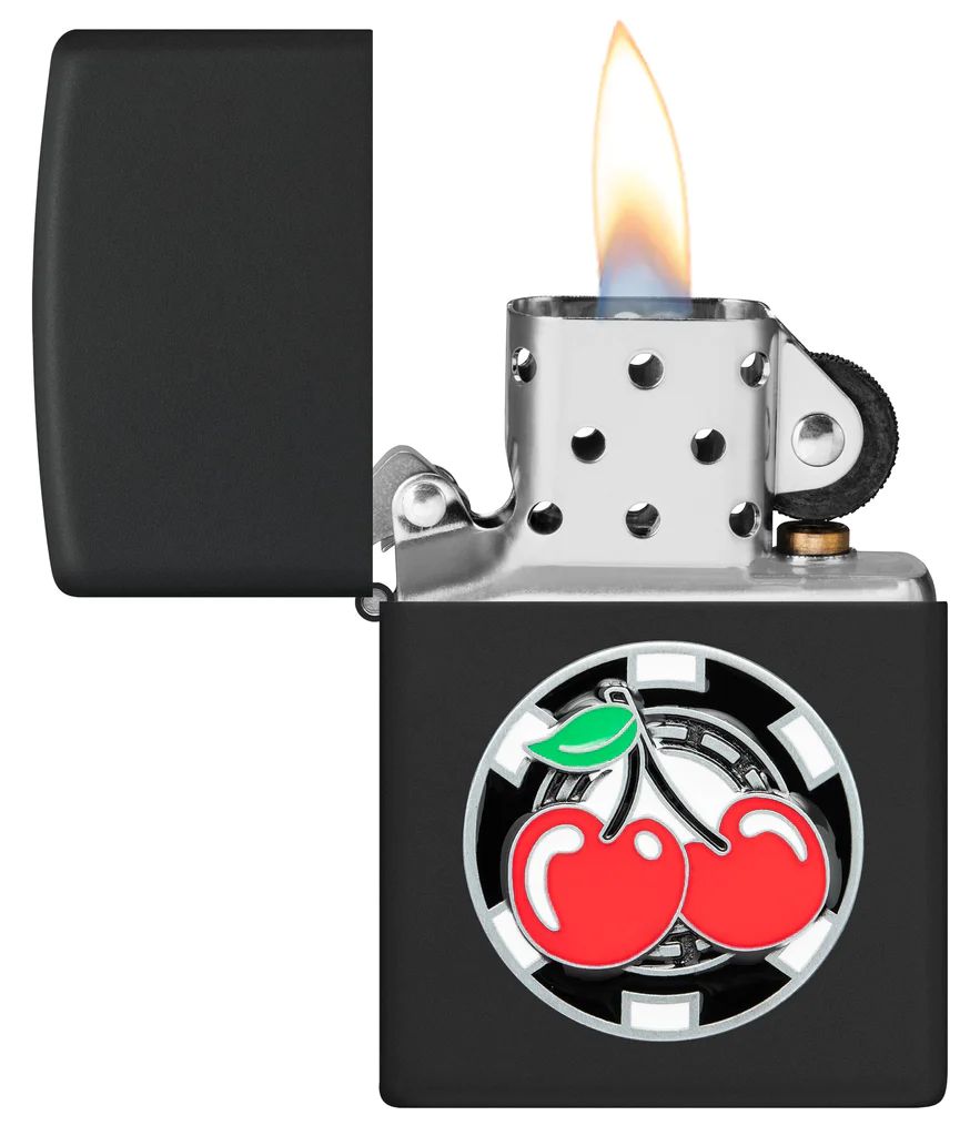 bat-lua-zippo-48905-poker-chip-with-cherries-emblem-black-matte-son-den-op-noi-phinh-poker