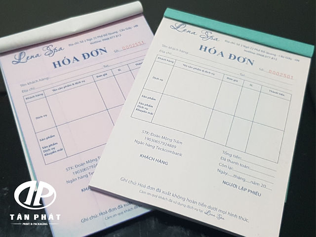 Hóa đơn A5 2 liên cho tiệm Spa