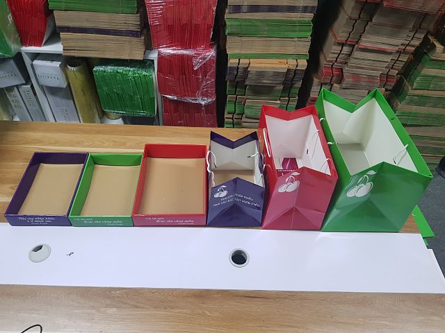 Mẫu khay giấy và túi giấy đựng trái cây in sẵn Tân Phát