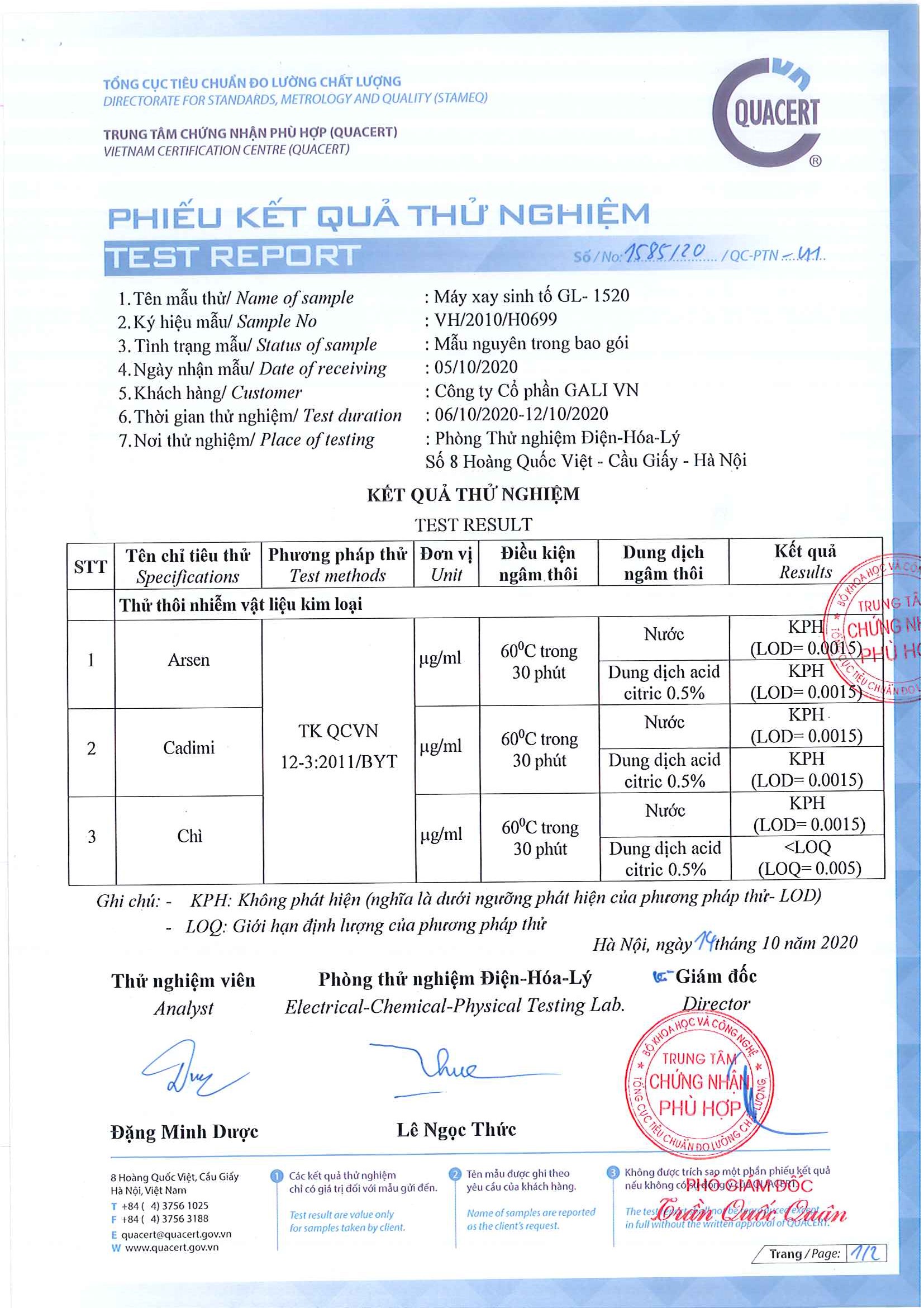 áy xay sinh tố công nghiệp GL-1520 Đạt chứng nhận QCVN 12-3:2011/BYT