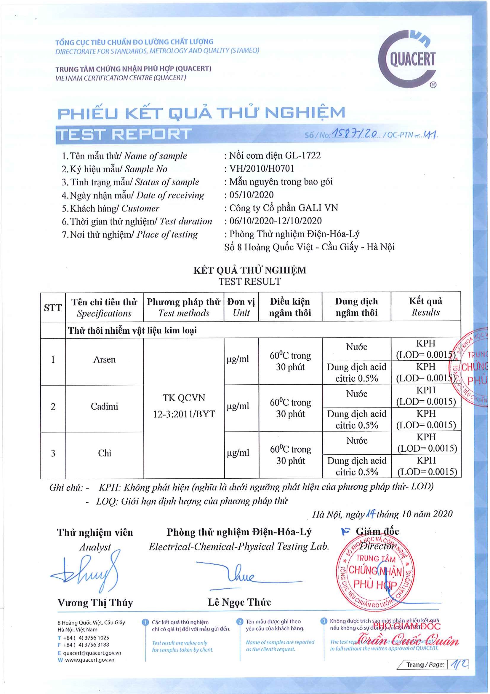 Nồi cơm điện GL-1722 đạt chứng nhận QCVN 12-3:2011/BYT