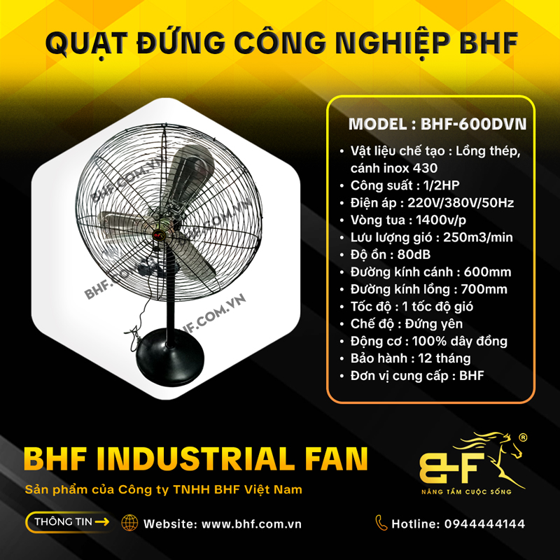 Quạt Đứng Công Nghiệp BHF-600DVN 1/2HP (Lồng Thép - Cánh Inox) 4