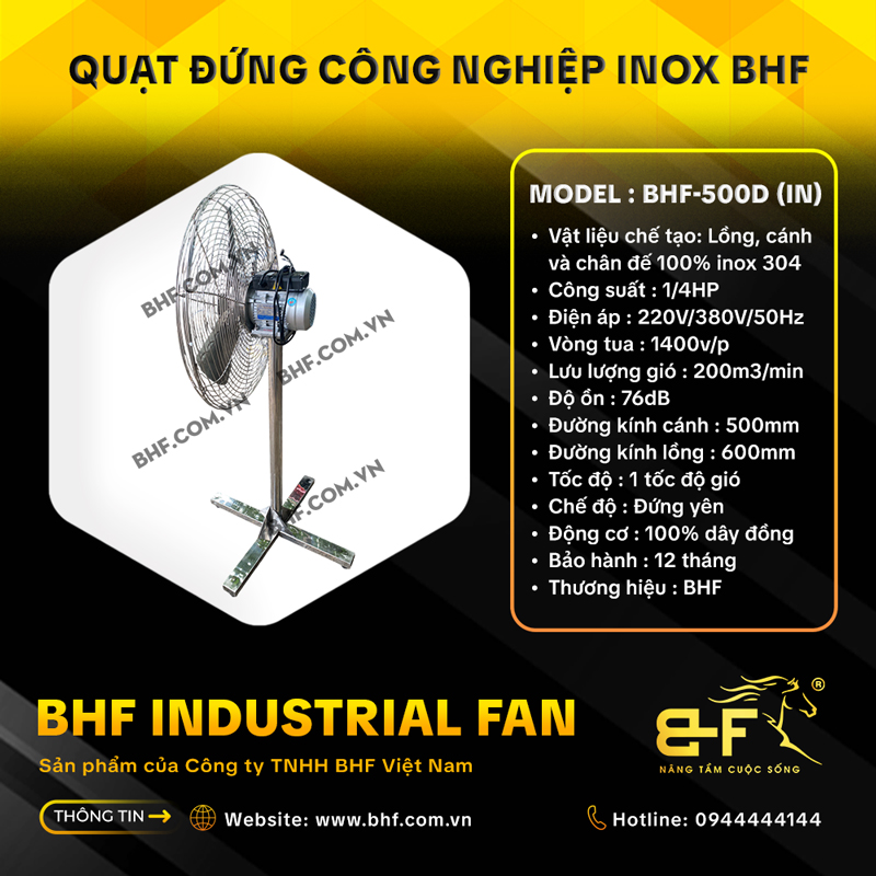 Quạt Đứng Công Nghiệp Inox 304 BHF-500DIN (Công Suất 1/4HP) 5