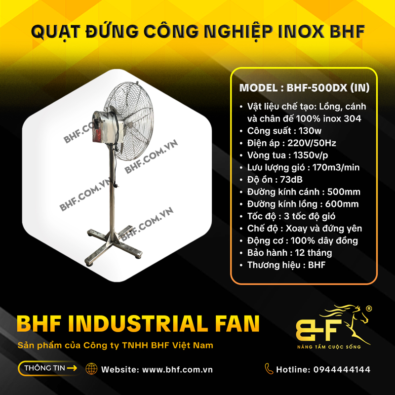 Quạt Đứng Công Nghiệp Inox 304 BHF-500DXIN (130W - Xoay Được) 5