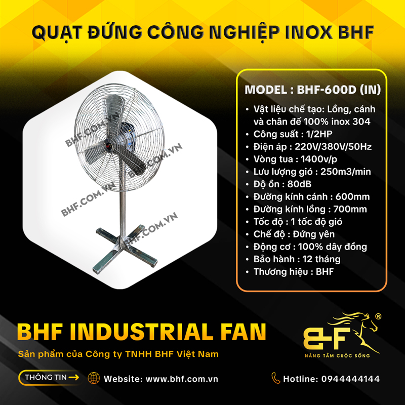 Quạt Đứng Công Nghiệp Inox 304 BHF-600DIN (Công Suất 1/2HP) 4