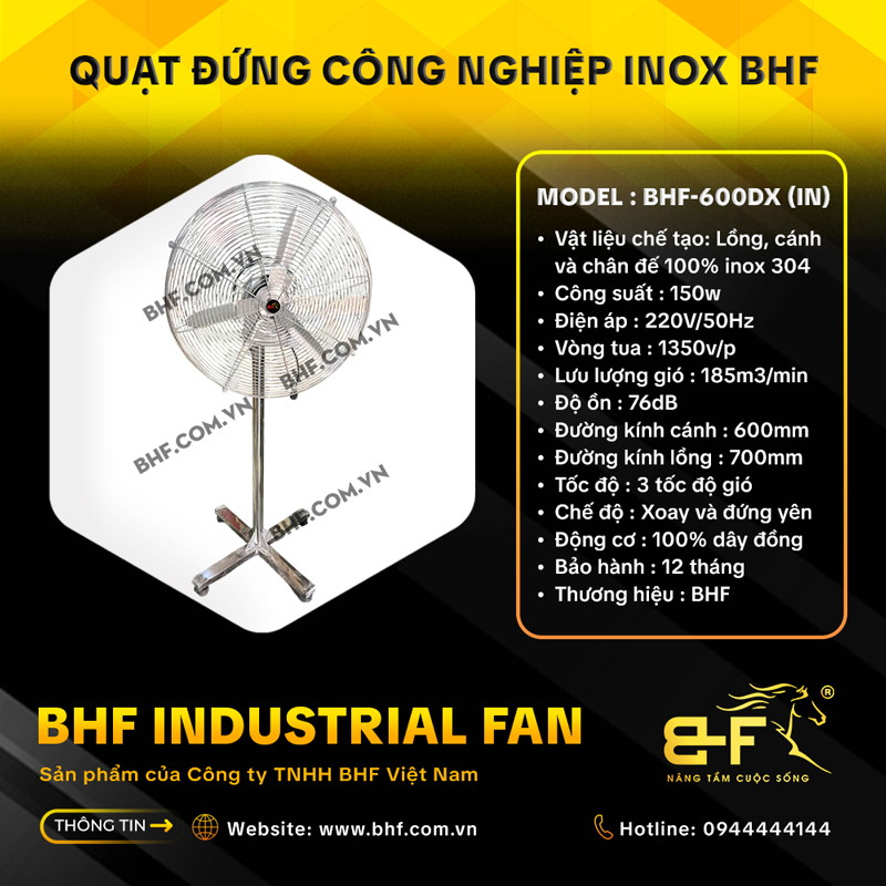 Quạt Đứng Công Nghiệp Inox 304 BHF-600DXIN (150W - Xoay Được) 4