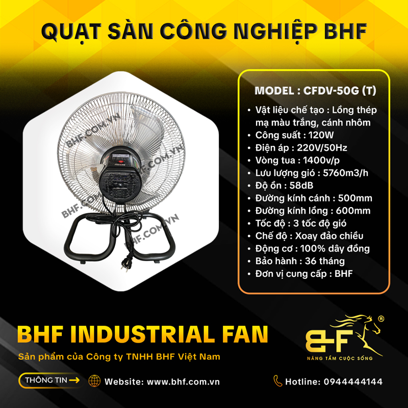 Quạt Sàn Công Nghiệp Đảo Chiều BHF CFDV-50G Lồng Trắng (120W) 2