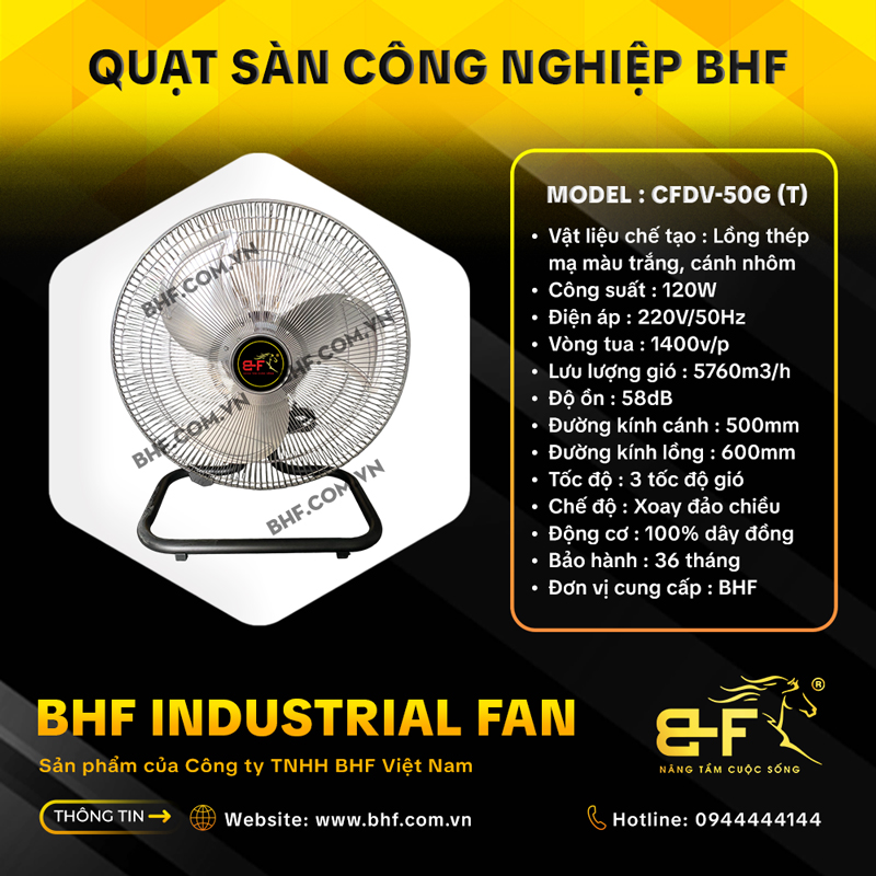 Quạt Sàn Công Nghiệp Đảo Chiều BHF CFDV-50G Lồng Trắng (120W)