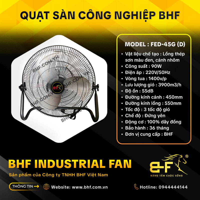 Quạt Sàn Công Nghiệp BHF FED-45G Lồng Đen (90W - Cánh 45CM)