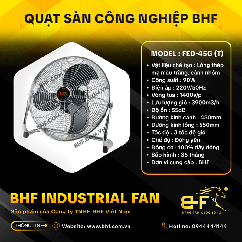 Quạt Sàn Công Nghiệp BHF FED-45G Lồng Trắng (90W - Cánh 45CM)
