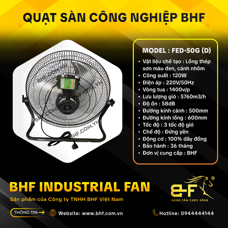 Quạt Sàn Công Nghiệp BHF FED-50G Lồng Đen (120W - Cánh 50CM) 1