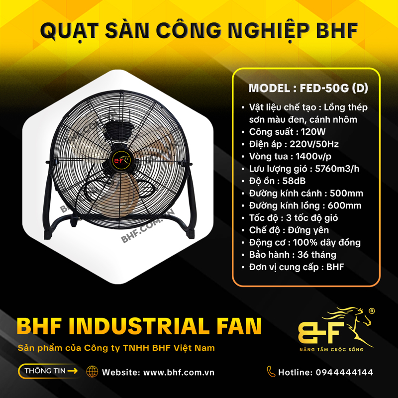 Quạt Sàn Công Nghiệp BHF FED-50G Lồng Đen (120W - Cánh 50CM)