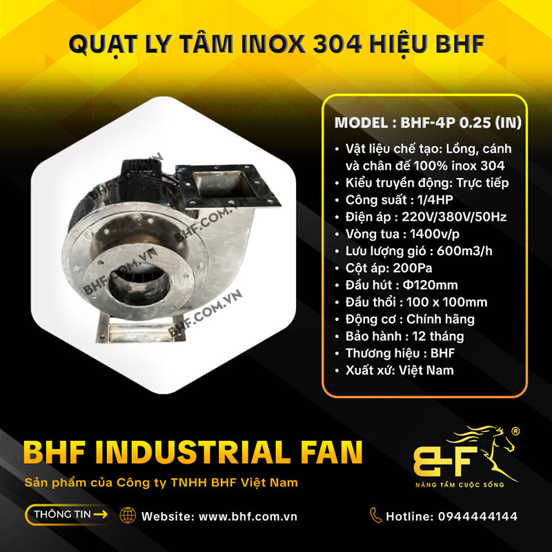 Quạt Sò Ly Tâm Mini Inox 304 BHF-4P 0.25IN (Công Suất 1/4HP)