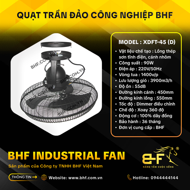 Quạt Trần Đảo Công Nghiệp BHF XDFT-45 (Màu Đen 90W - Bảo Hành 3 Năm) 6